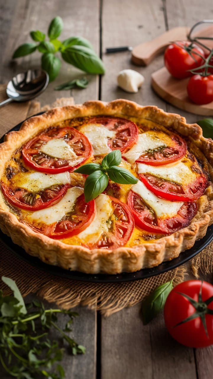Tarte tomate mozzarella basilic sur table en bois.
