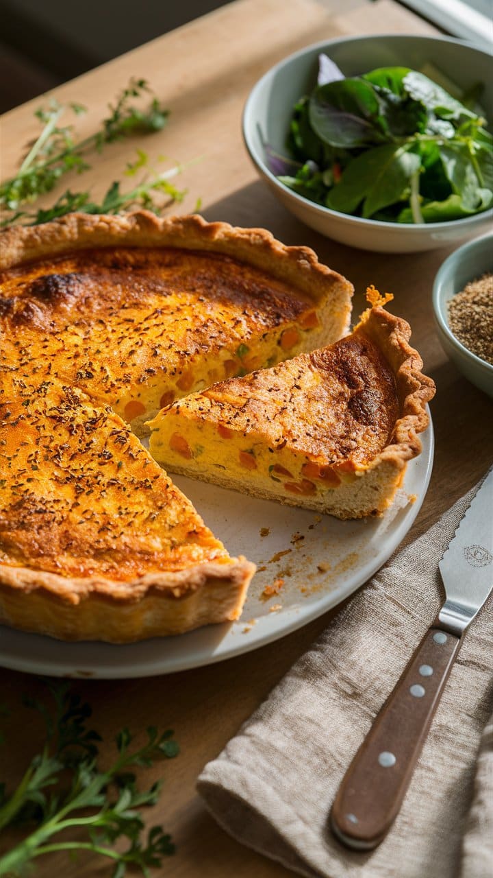 Quiche aux légumes sur table en bois.