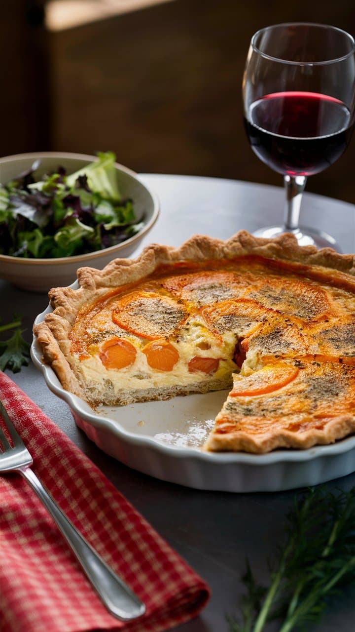 Quiche aux légumes avec vin rouge.