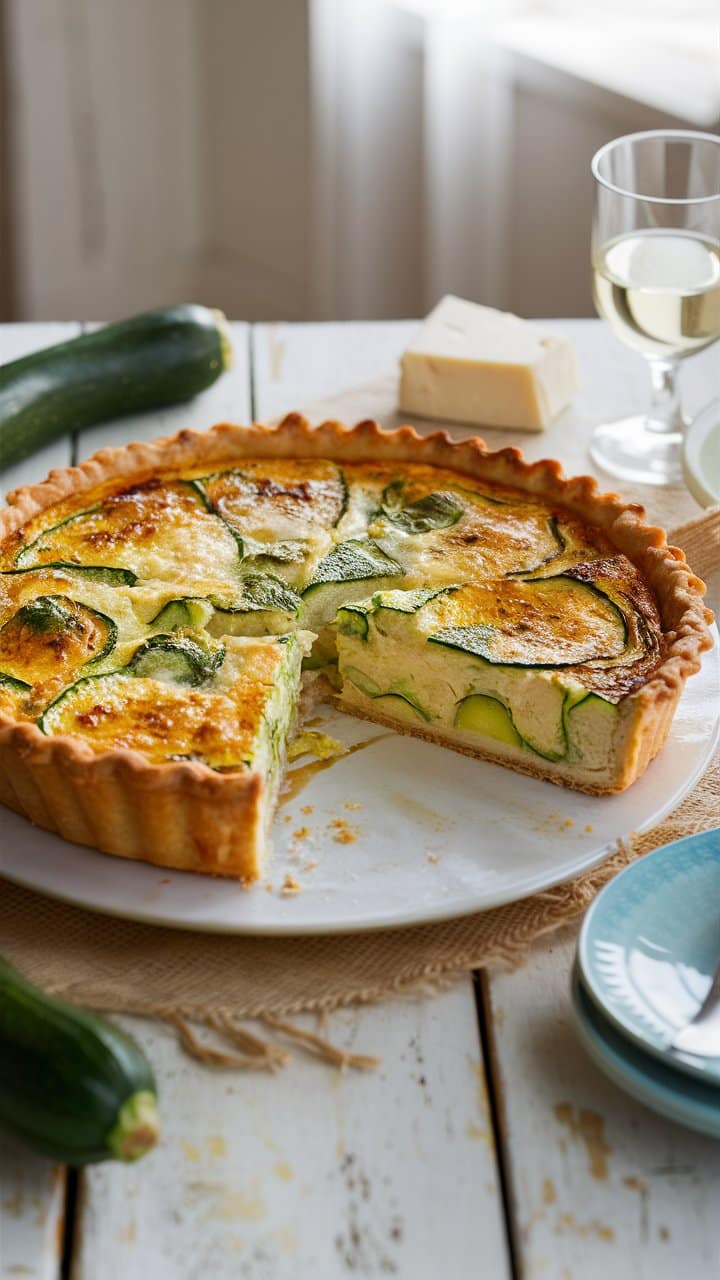 Quiche aux courgettes, fromage et vin blanc.