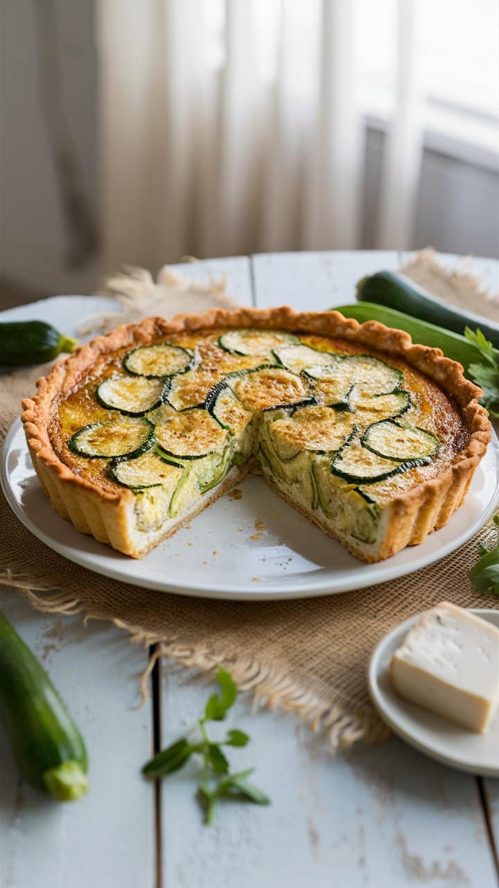 Quiche aux courgettes servie sur une table blanche.