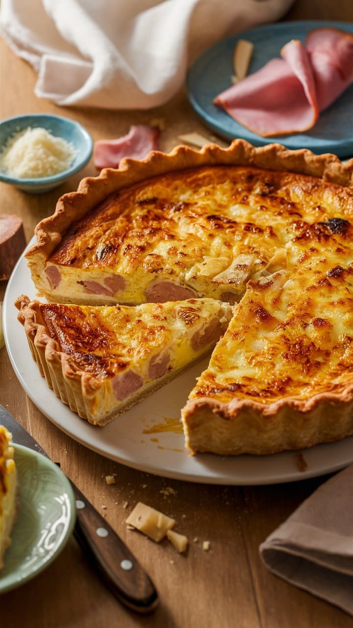 Quiche aux lardons sur assiette blanche.