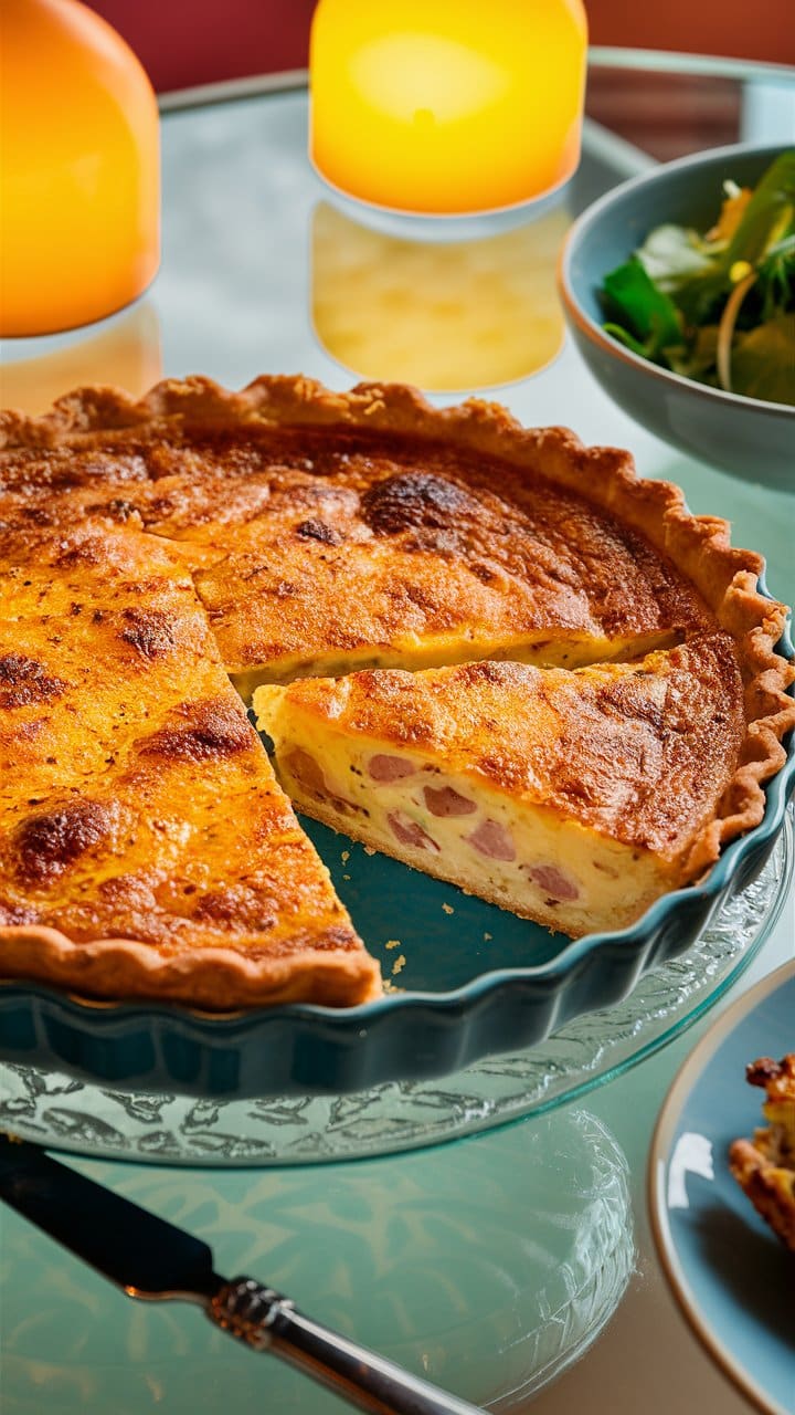Quiche lorraine sur une table avec salade et bougies.
