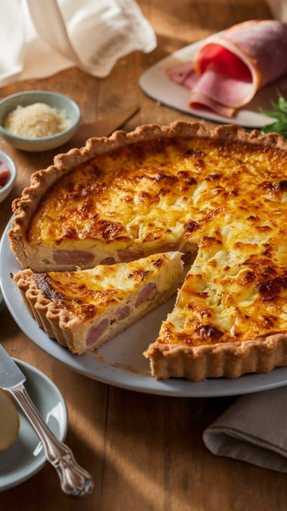 Quiche Lorraine avec lardons sur table en bois.