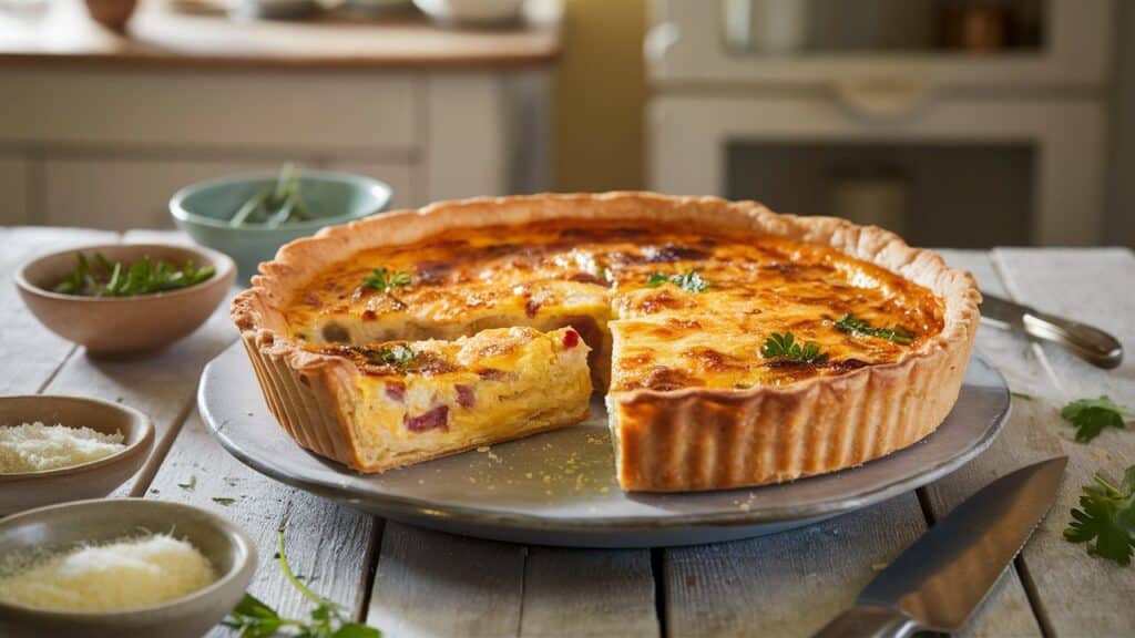 Quiche lorraine sur une table en bois
