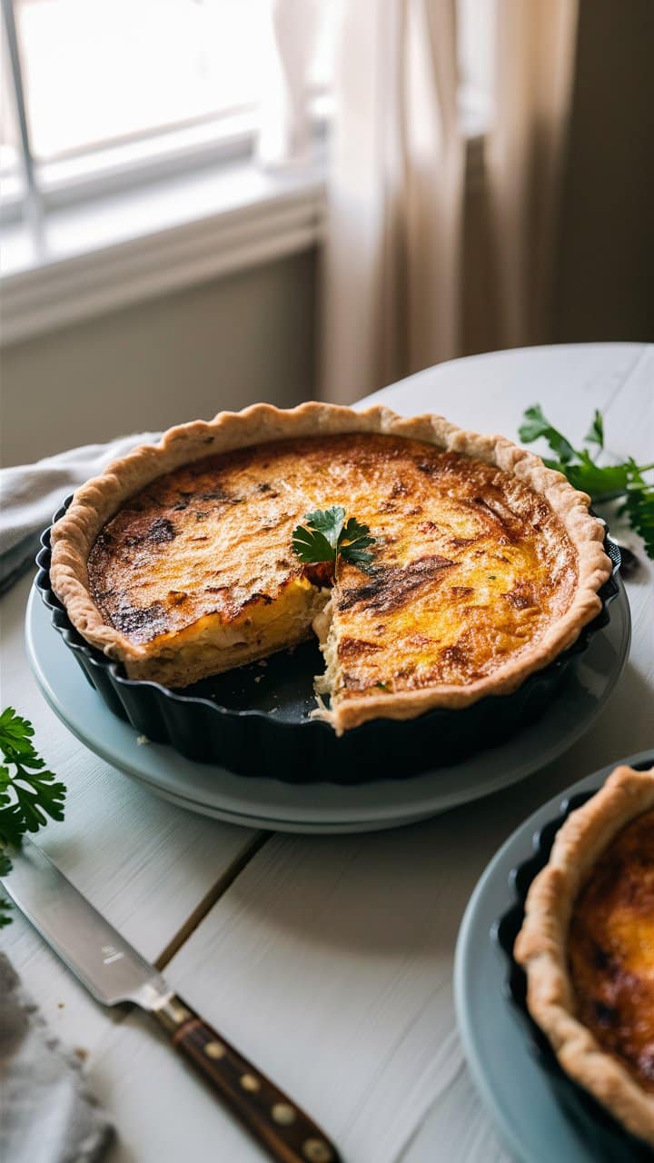 Quiche maison sur table blanche près de fenêtre.