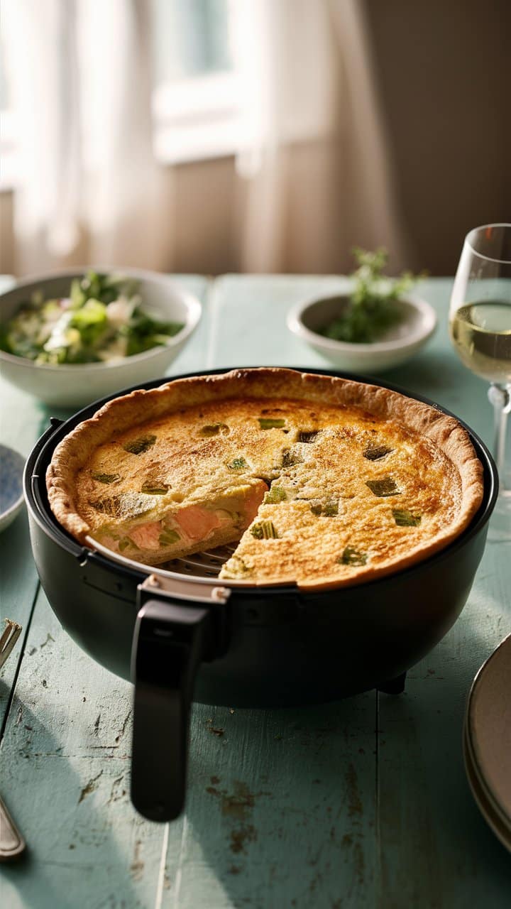 Quiche dans une poêle avec salade.