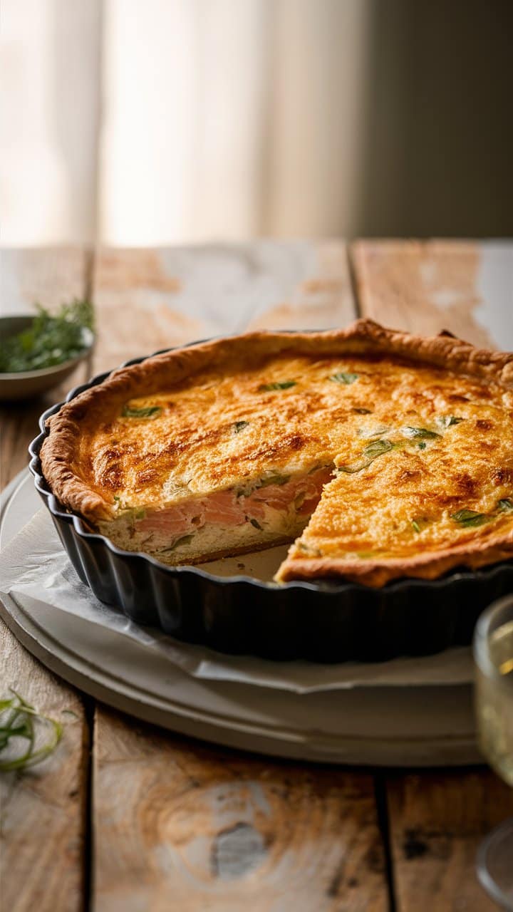 Quiche au saumon dans un moule.
