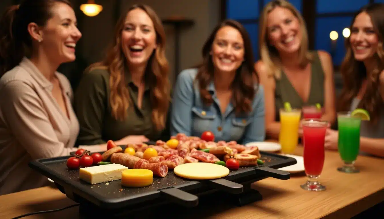 Amies partageant une raclette et cocktails
