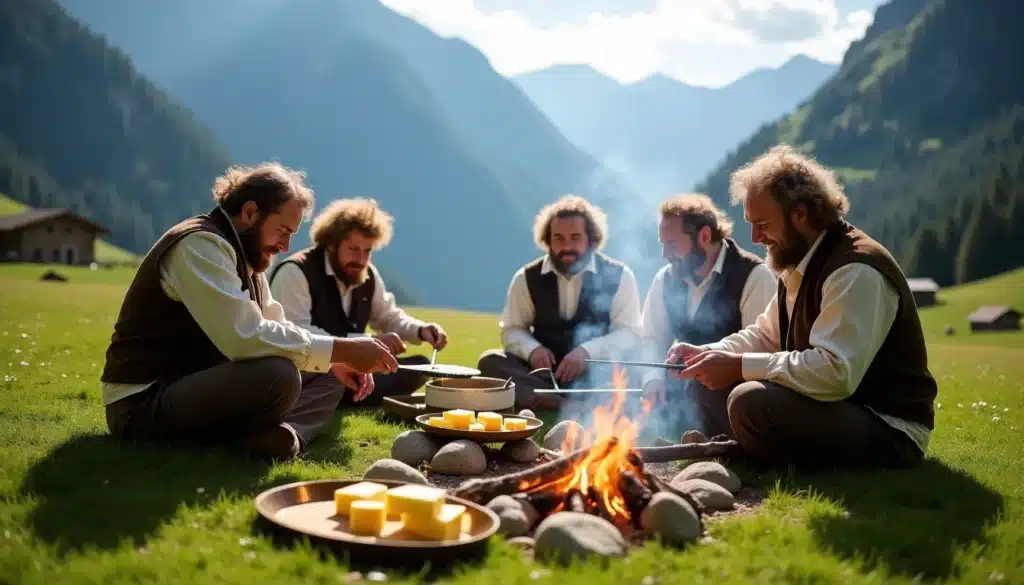 Groupe d'hommes cuisinant sur feu de camp en montagne.