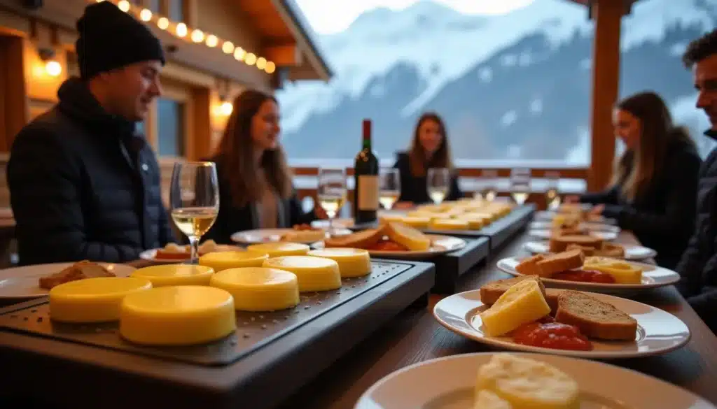 Dîner raclette en montagne avec des amis.