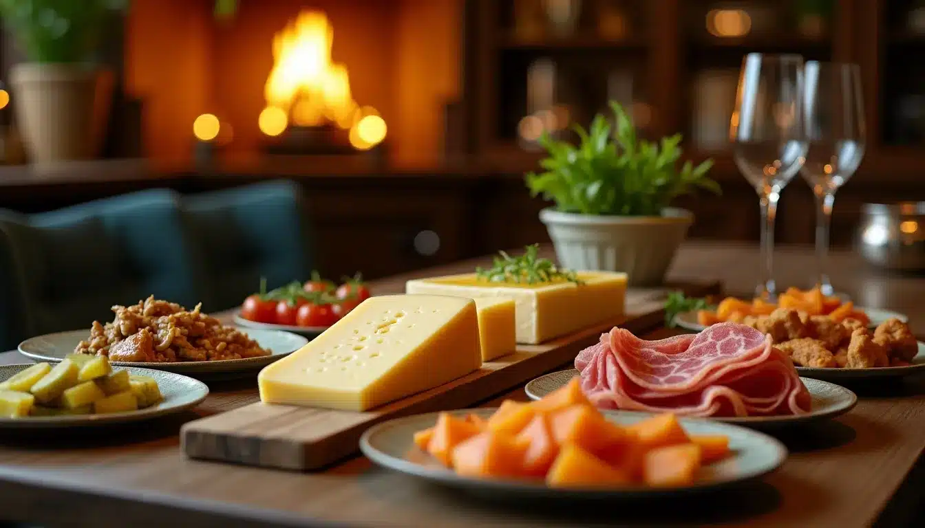Table gourmande avec fromage et charcuterie.