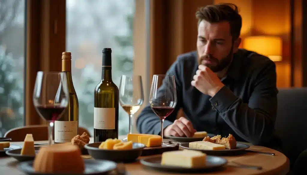Homme réfléchissant devant table de vin et fromage.