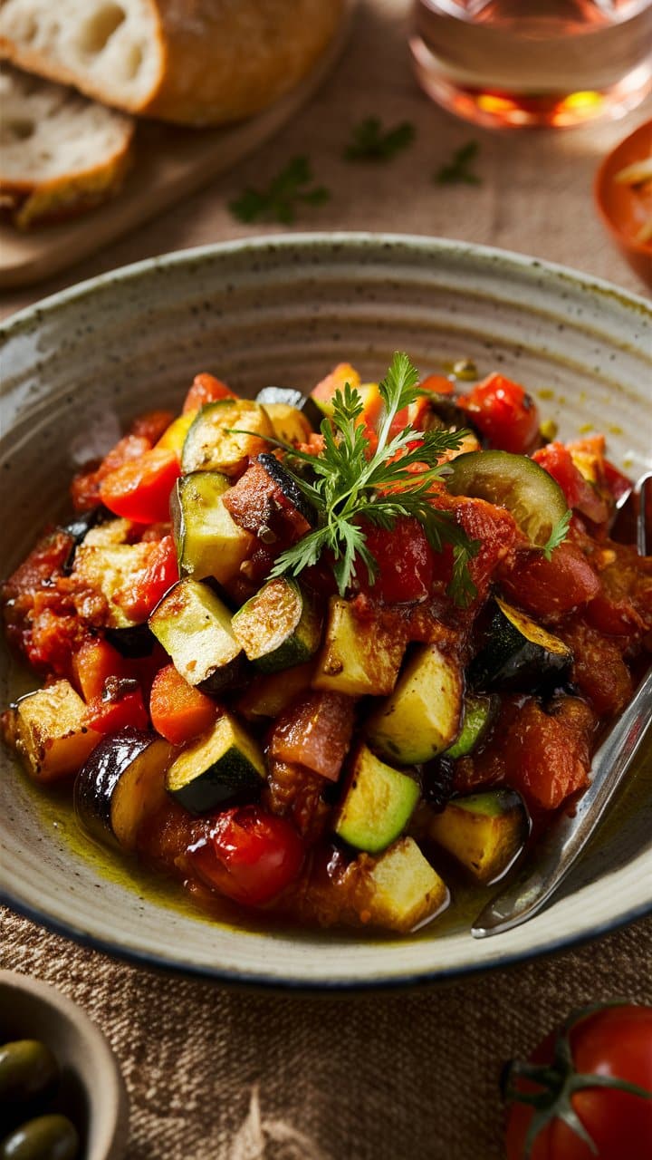 Bol de ratatouille colorée avec légumes frais.