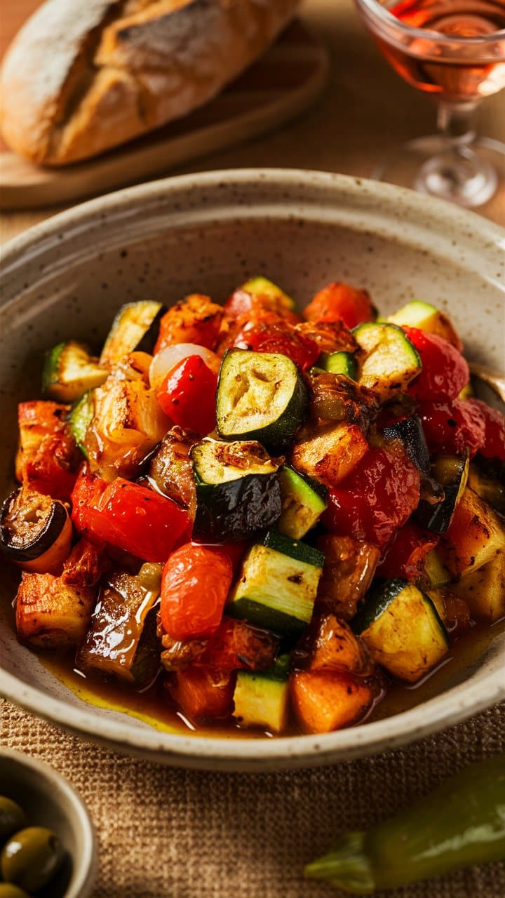 Plat de ratatouille avec pain et vin.