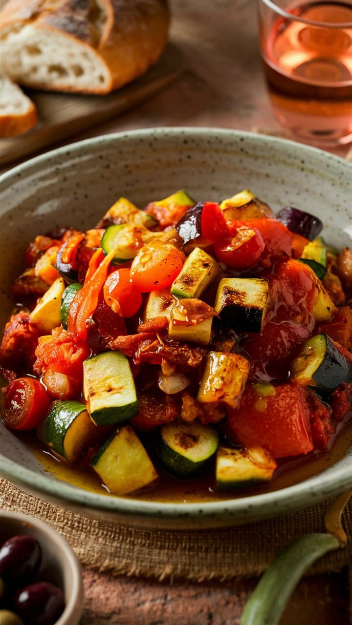 Plat de ratatouille colorée avec pain et verre