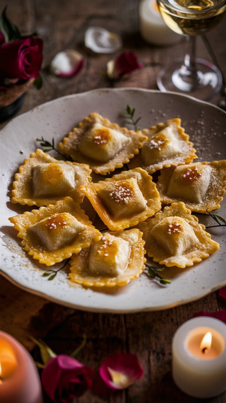 Raviolis garnis sur assiette blanche, ambiance romantique.