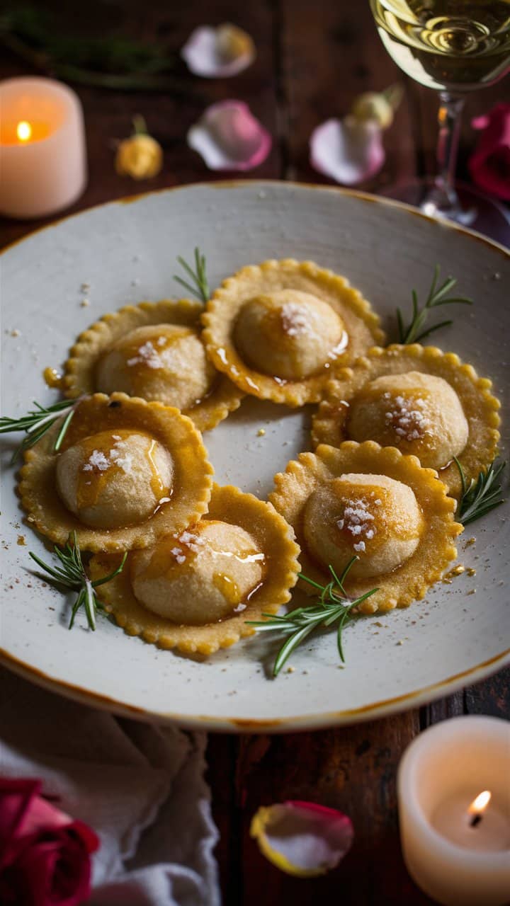 Raviolis servis avec du romarin, ambiance romantique.