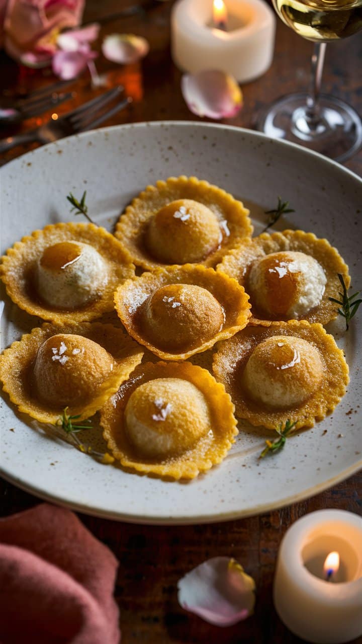 Raviolis maison dans une assiette avec bougie allumée.