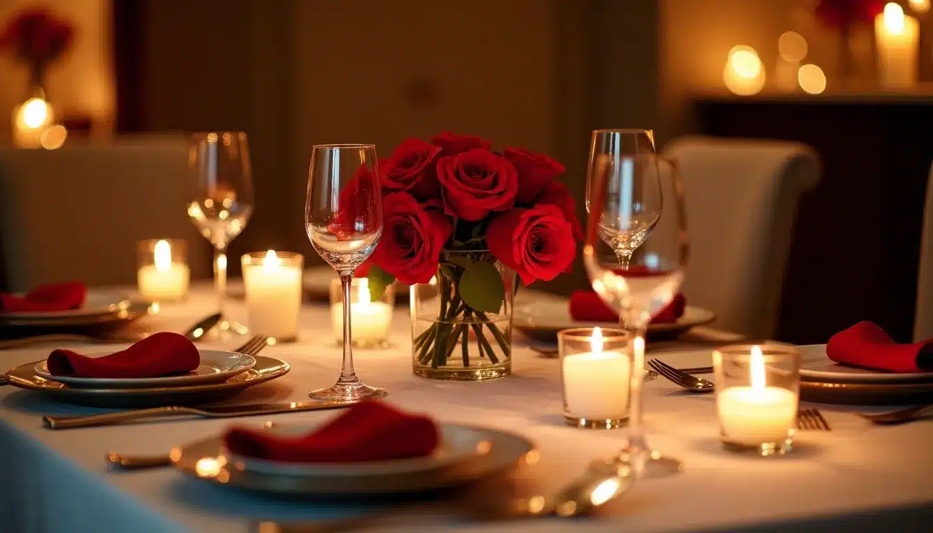 Table élégante décorée avec roses rouges et bougies.