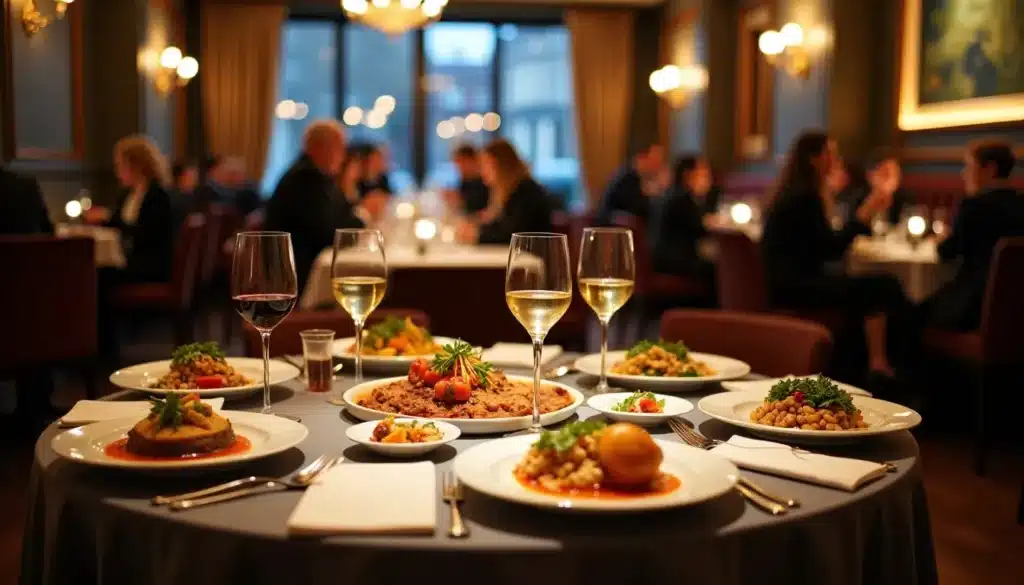 Table de restaurant avec plats gastronomiques et vin.