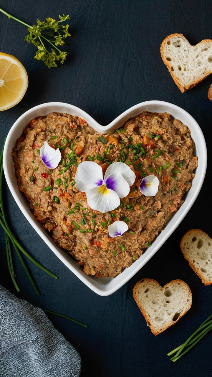 Pâté cœur garni de fleurs et pain.