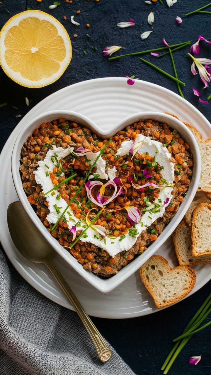 Salade de lentilles dans un bol en forme de cœur.