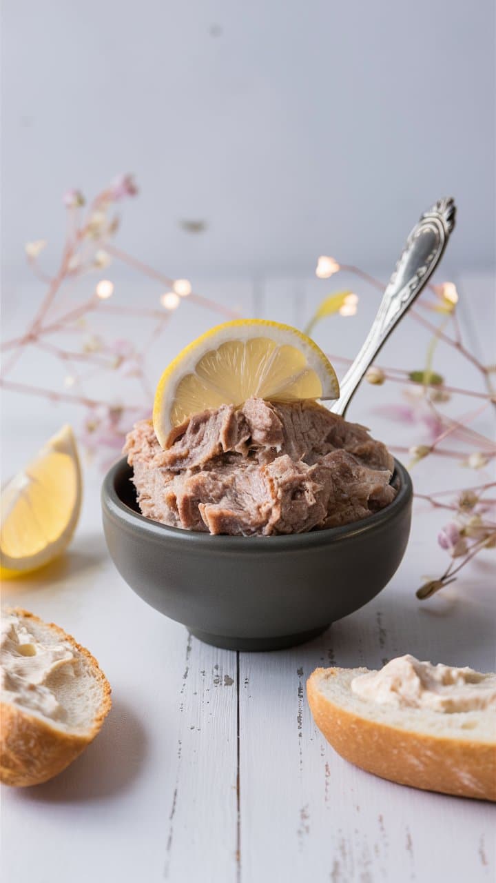Rillettes de thon au citron dans bol en céramique.