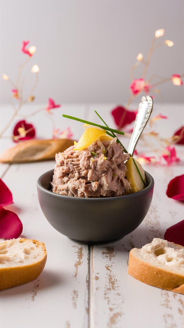Rillettes servies avec citron, herbes et pain.