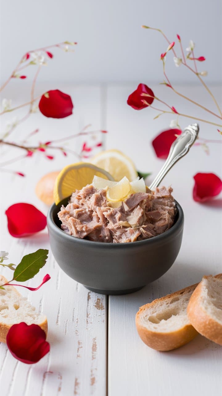 Bol de thon avec citron sur table blanche.