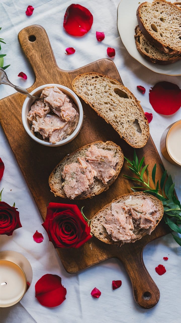 Pain et rillettes sur planche avec décor rose.