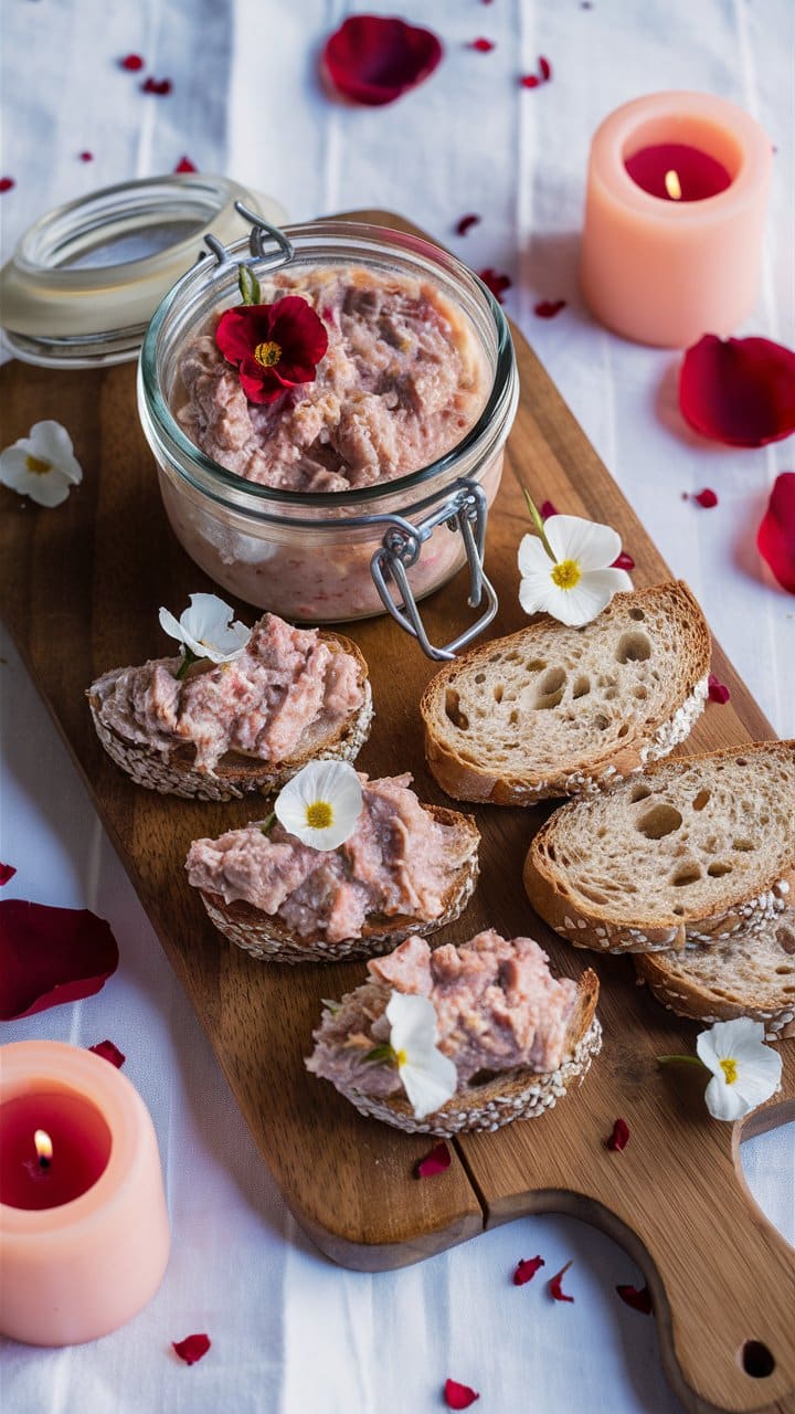 Rillettes servies sur pain avec fleurs décoratives.