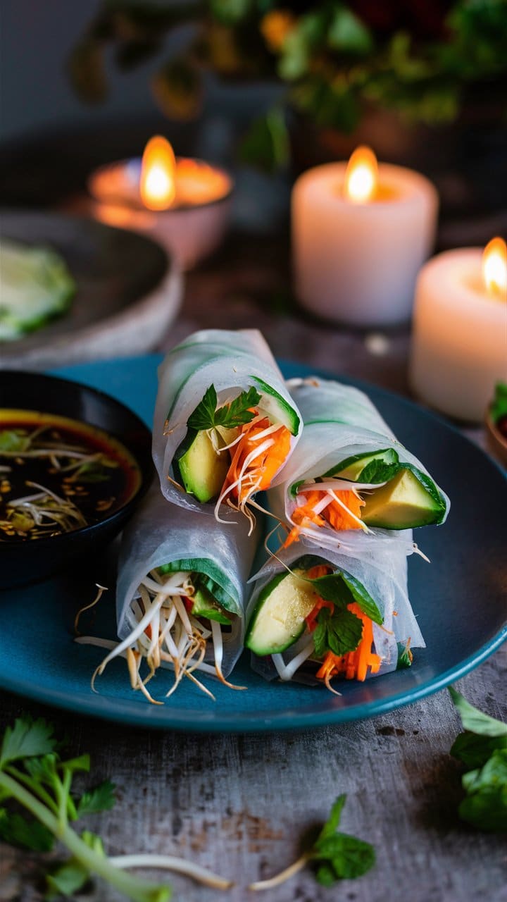 Rouleaux de printemps avec sauce, décor ambiance romantique.