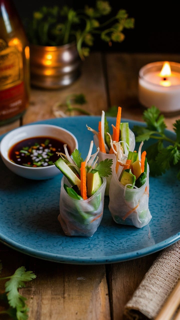 Rouleaux de printemps avec sauce soja sur assiette bleue.