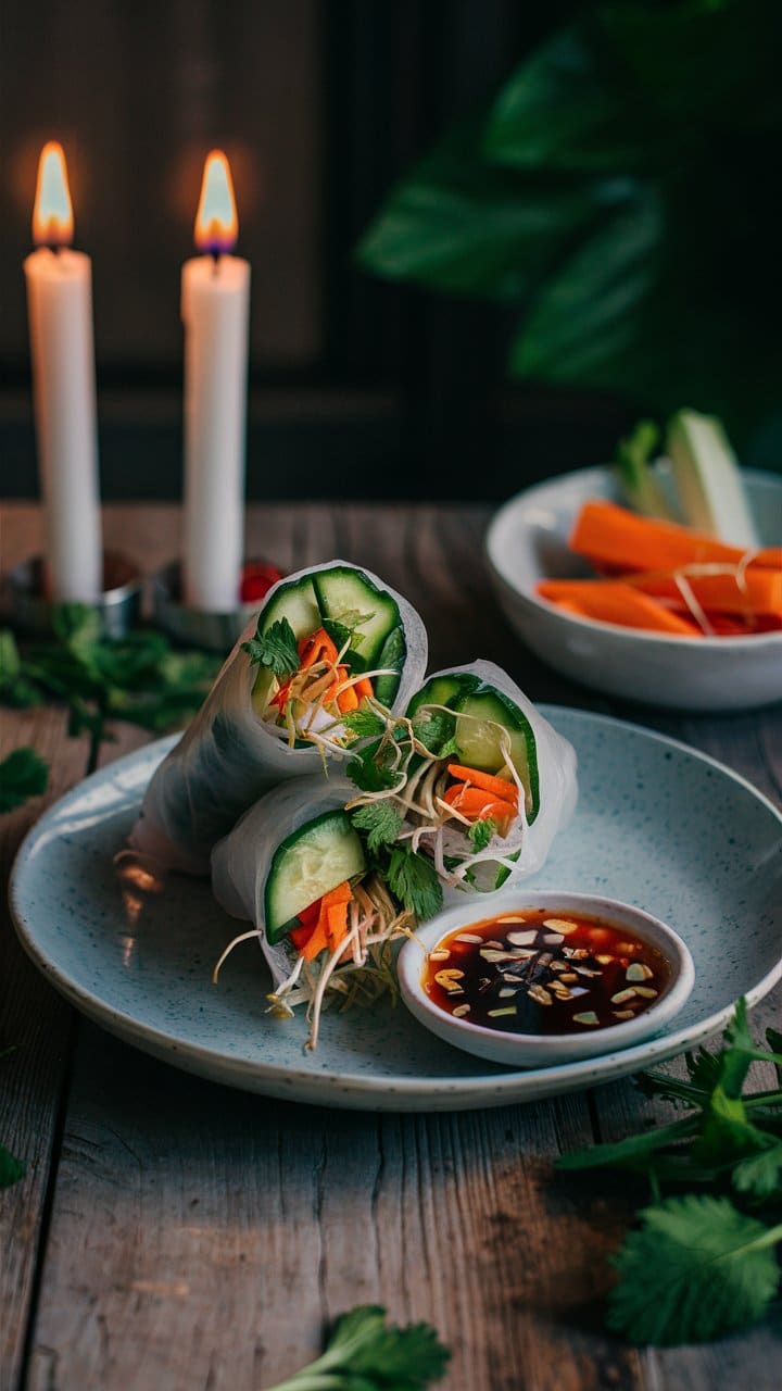 Rouleaux de printemps avec sauce et bougies allumées.