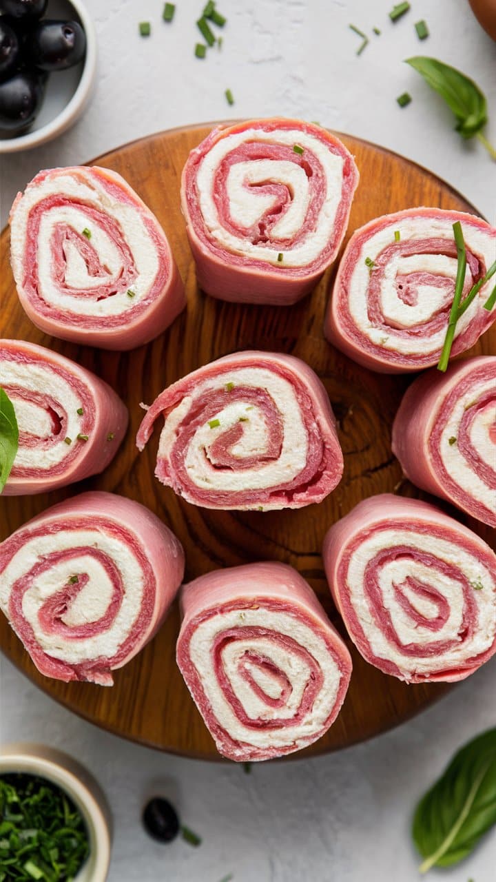 Roulés jambon fromage sur assiette en bois.