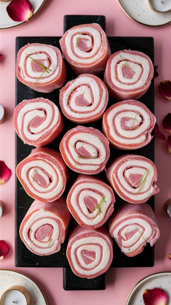 Roulés de jambon et fromage sur plateau noir.