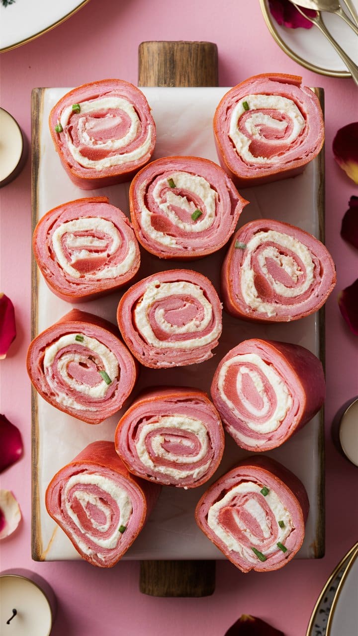 Rouleaux de saumon et fromage frais sur plat.