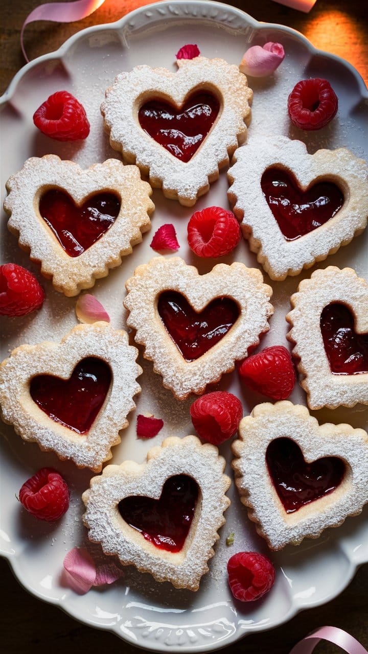 Biscuits sablés cœur avec confiture et framboises.