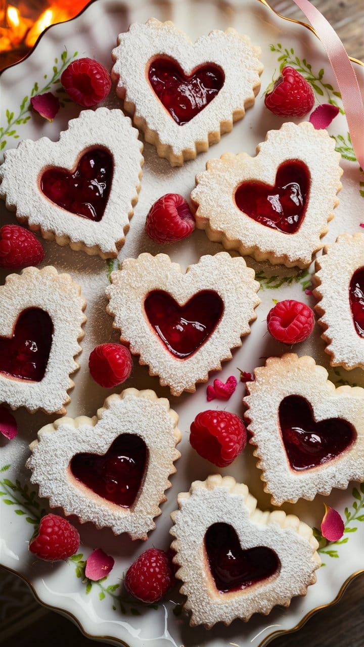 Biscuits cœur à la confiture et framboises fraîches.