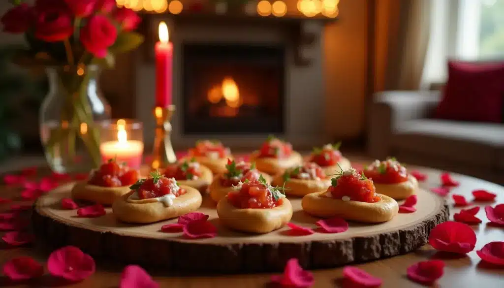 Hors-d'œuvres sur plateau, ambiance romantique.