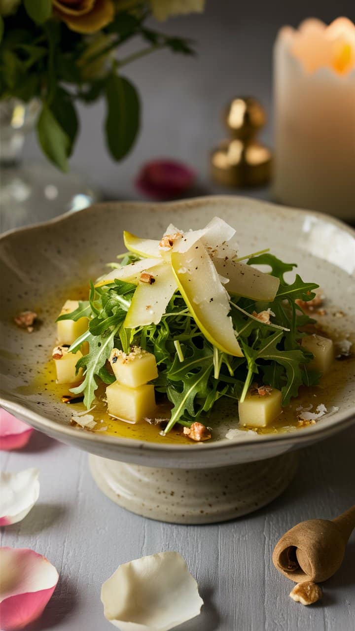 Salade de roquette avec fromage, poires et noix.
