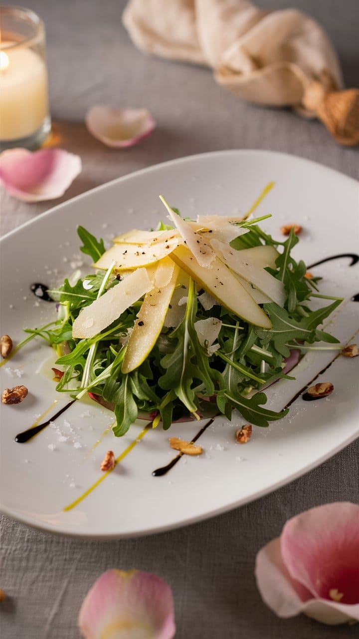 Salade de roquette, poires, fromage, sauce balsamique.