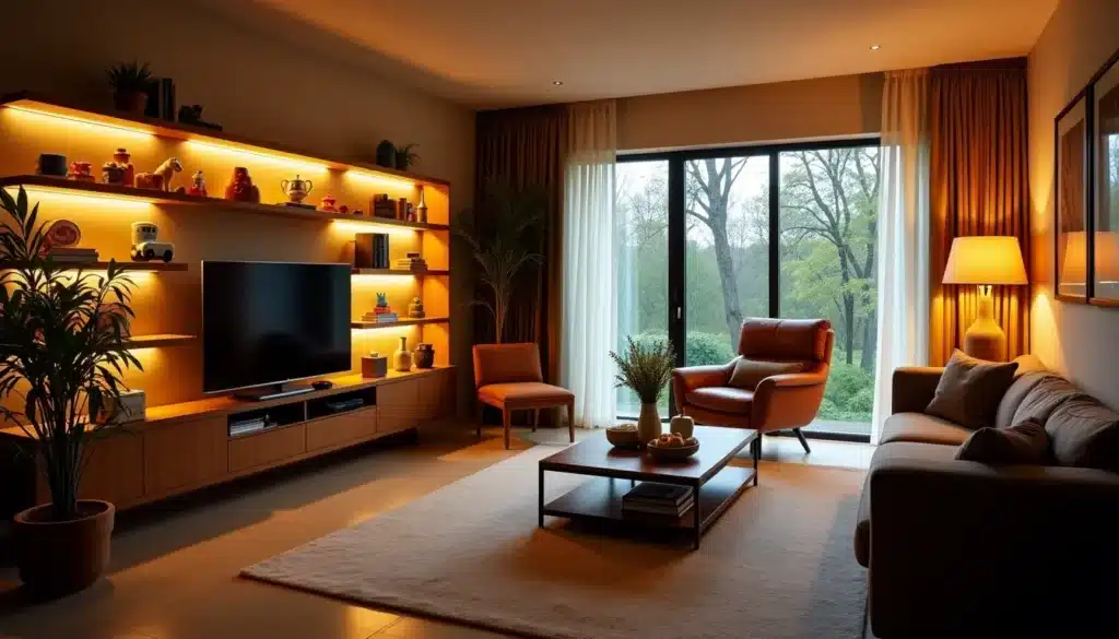 Salon moderne avec éclairage chaleureux et vue extérieure.
