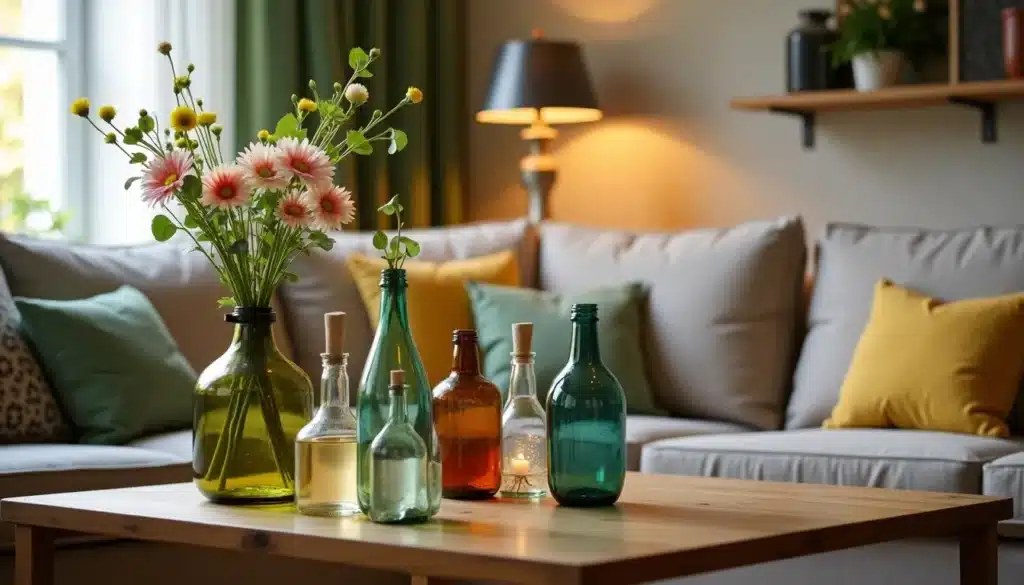 Salon avec fleurs et coussins colorés.
