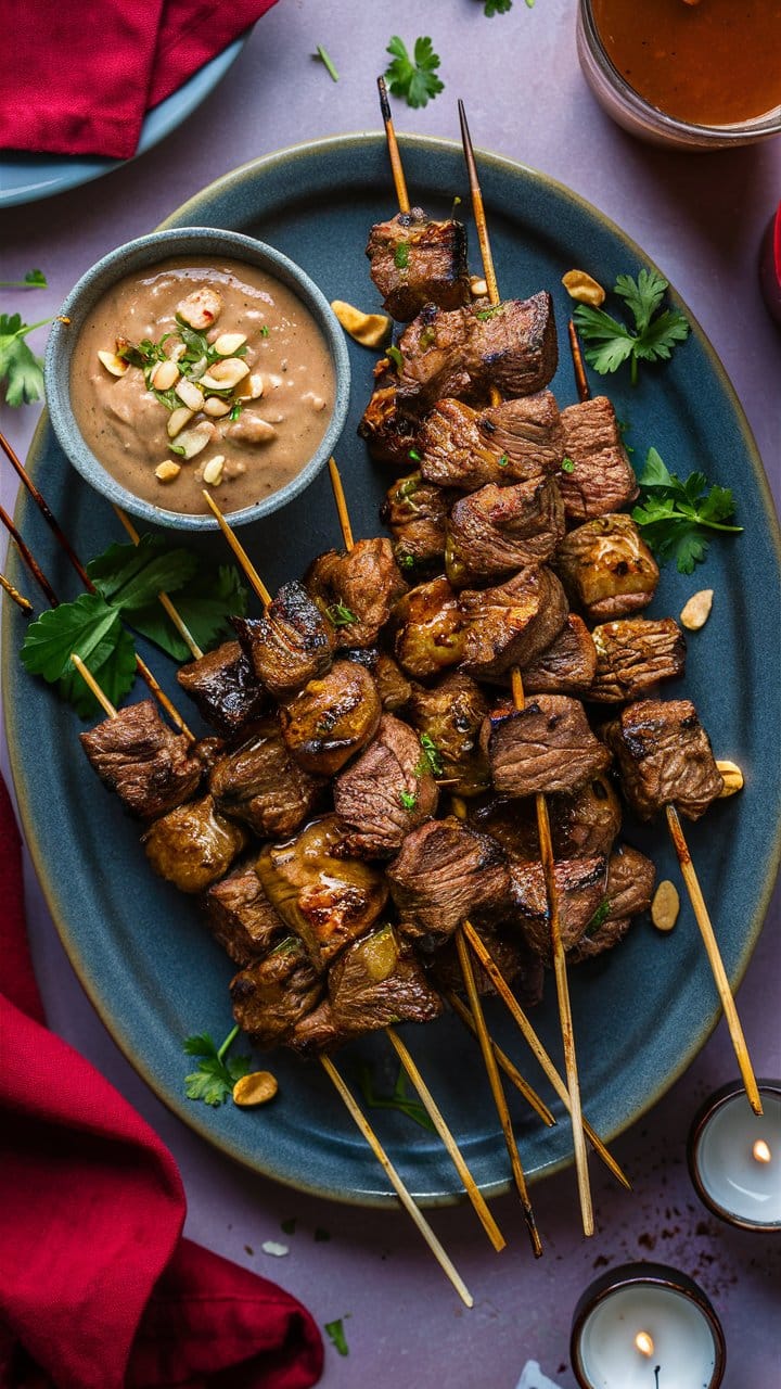 Brochettes de viande avec sauce aux cacahuètes.