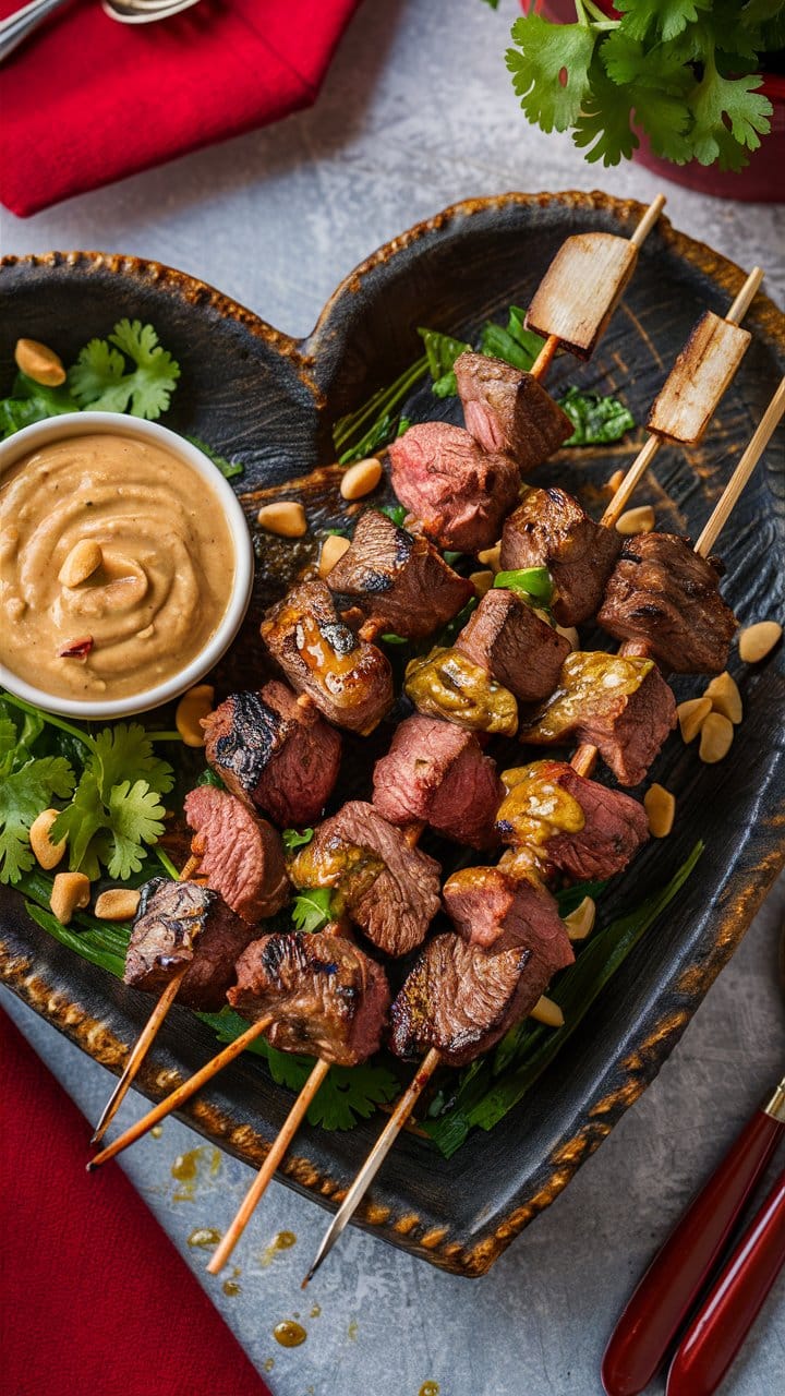 Brochettes de viande avec sauce cacahuètes.