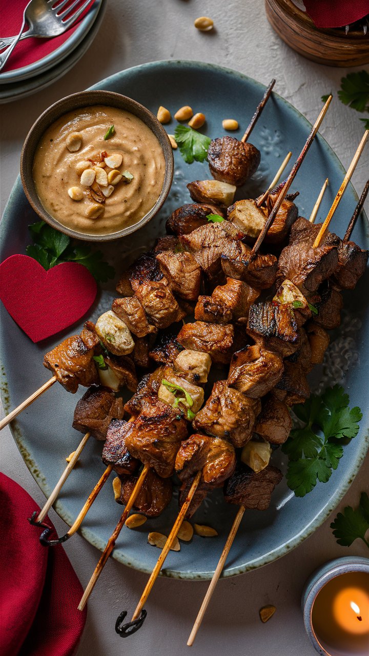 Brochettes de viande et sauce aux cacahuètes.