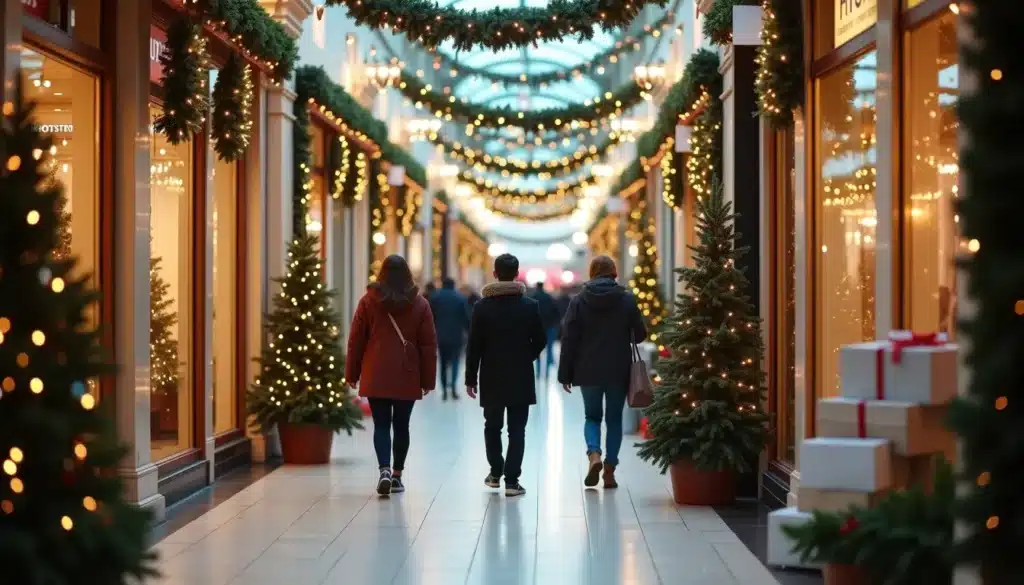 Passants dans galerie décorée pour Noël
