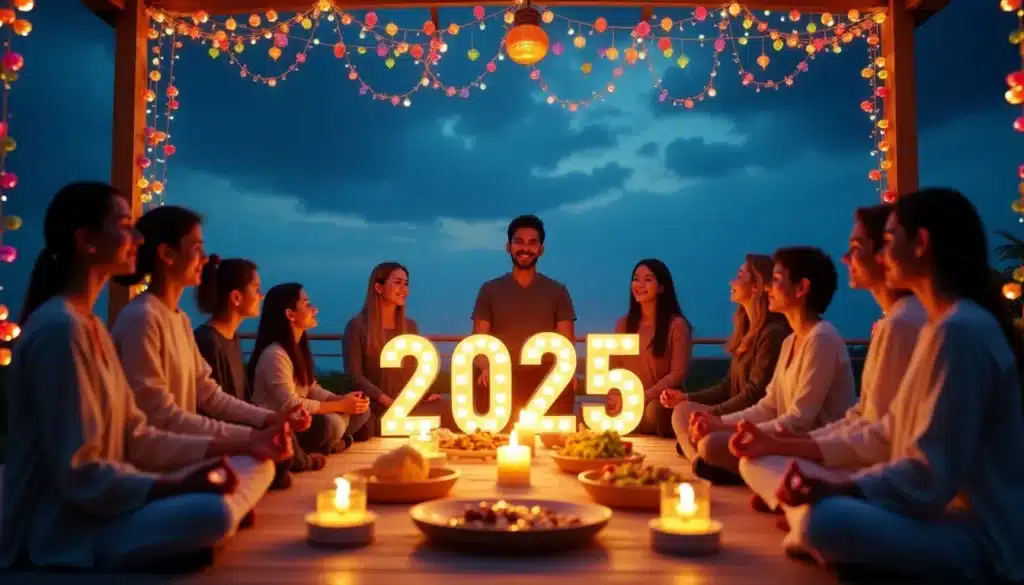 Groupe célébrant 2025 avec guirlandes et bougies.